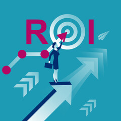 ROI concept. Return on investment. ROI business marketing. Profit income. Businesswoman managing financial chart. Vector illustration flat design. Isolated on background. Analysis data.