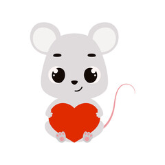 Cute little sitting mouse holds heart. Cartoon animal character for kids cards, baby shower, invitation, poster, t-shirt composition, house interior. Vector stock illustration