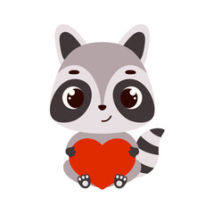 Fototapeta na wymiar Cute little sitting raccoon holds heart. Cartoon animal character for kids cards, baby shower, invitation, poster, t-shirt composition, house interior. Vector stock illustration
