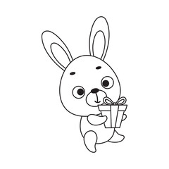 Coloring page cute little hare carries gift box. Coloring book for kids. Educational activity for preschool years kids and toddlers with cute animal. Vector stock illustration