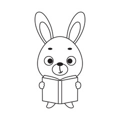 Coloring page cute little hare reads book. Coloring book for kids. Educational activity for preschool years kids and toddlers with cute animal. Vector stock illustration