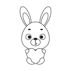 Coloring page cute little hare holds heart. Coloring book for kids. Educational activity for preschool years kids and toddlers with cute animal. Vector stock illustration