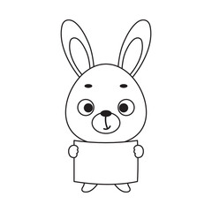 Coloring page cute little hare holds paper sheet. Coloring book for kids. Educational activity for preschool years kids and toddlers with cute animal. Vector stock illustration