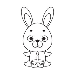 Coloring page cute little hare with birthday cake. Coloring book for kids. Educational activity for preschool years kids and toddlers with cute animal. Vector stock illustration