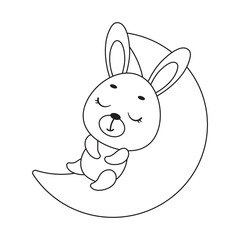 Coloring page cute little hare sleeping on moon. Coloring book for kids. Educational activity for preschool years kids and toddlers with cute animal. Vector stock illustration