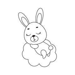 Coloring page cute little hare sleeping on cloud. Coloring book for kids. Educational activity for preschool years kids and toddlers with cute animal. Vector stock illustration