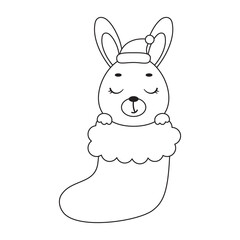 Coloring page cute little hare in Christmas sock. Coloring book for kids. Educational activity for preschool years kids and toddlers with cute animal. Vector stock illustration