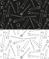 pattern with makeup artist tools in doodle style, poster background with a set of makeup brushes, a banner with a set of face painting brushes on black and white