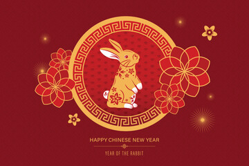 Fototapeta na wymiar Chinese new year circle frame on red oriental background for 2023 year of rabbit