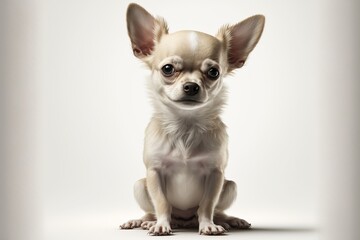 White and cream chihuahua sitting with a white background. Generated by AI.