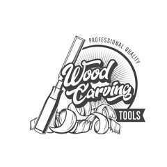 Wood carving tools icon. Woodworking industry, carpentry and construction hand equipment store vector emblem, monochrome label or symbol. Wood carving craftsman workshop sign with chisel and chips