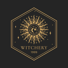 Witchcraft, magic and alchemy, astrology icon. Moon crescent and sun or star mason magic emblem or seal. Tarot ancient symbol, occultism icon, esoteric and witchcraft spiritual sign or emblem