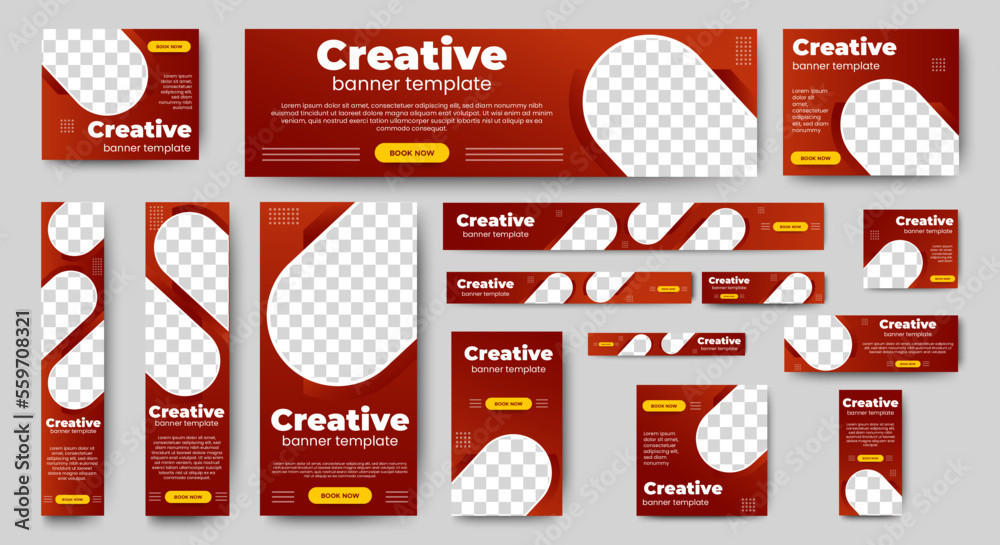 Wall mural creative red web banner template design set. horizontal, vertical, square ad banners layout.