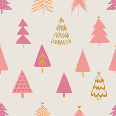 Seamless pattern with Christmas trees. Holiday modern boho background. Vector illustration
