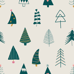 Seamless pattern with Christmas trees. Holiday modern boho background. Vector illustration