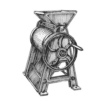 Coffee bean pulper machine, hand drawing in vector