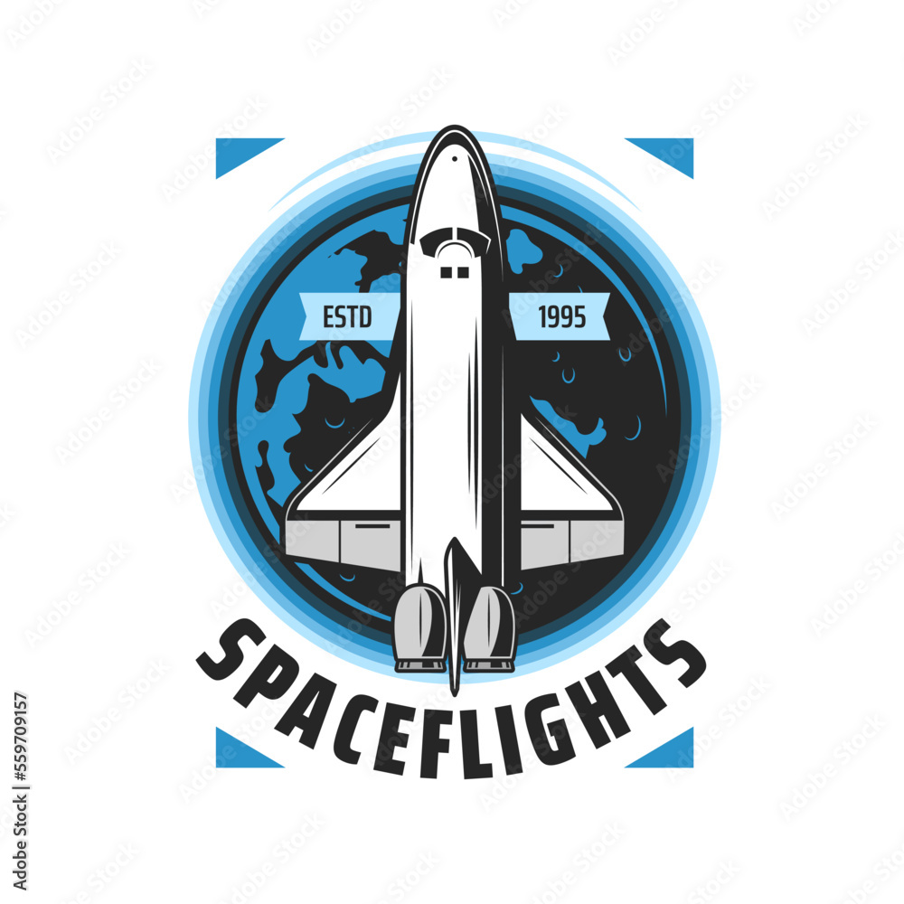 Poster spaceflight icon with vector space shuttle and earth planet. galaxy universe space exploration or co