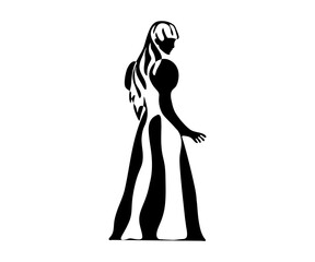 black and white logo of abstract portrait of a girl without faces in an old long dress, standing with her back half turned