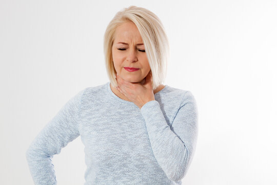 Middle Age Woman Catch A Cold. Sore Throat Pain Concept. Viral Infection Weak Immunity. Close-up Female Isolated On White Background. Healthcare And Health Problem. Allergy Illness Discomfort