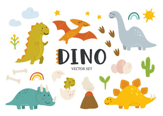 Collection of cute baby dinosaurs. Hand drawn brontosaurus, tyrannosaurus, pterodactyl, triceratops, stegosaurus. Set of flat cartoon vector illustrations isolated on white background