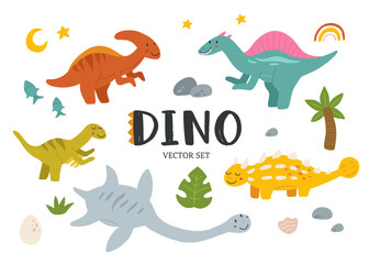 Collection of cute baby dinosaurs. Hand drawn spinosaurus, plesiosaurus, ankylosaurus, velociraptor, parasaurolophus. Set of flat cartoon vector illustrations isolated on white background