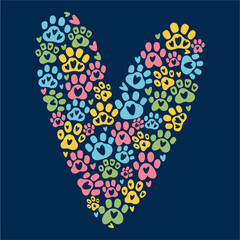 Vector heart made of paw prints of pets, dogs and cats, hand-drawn in doodle style
