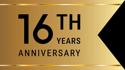 16th Anniversary. Anniversary template design with golden text and ribbon for birthday celebration event. Vector Template Illustration