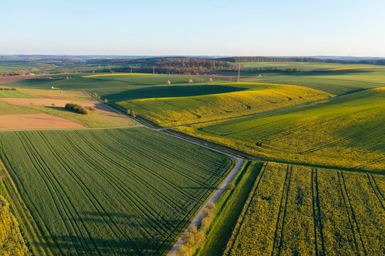 Germany, Baden-Wurttemberg, Aerial view of countryside fields in spring