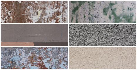 Wall texture set. Rough surfaces of the plastered and colored concrete walls with patterns of cracks and old faded peeling paint. Collection of panoramic backgrounds for design.