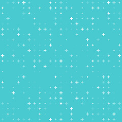 Plus hospital pattern, vector background evenly spaced white cross symbols of different sizes and opacity on blue backdrop. Medical abstract ornament, wallpaper or template for website