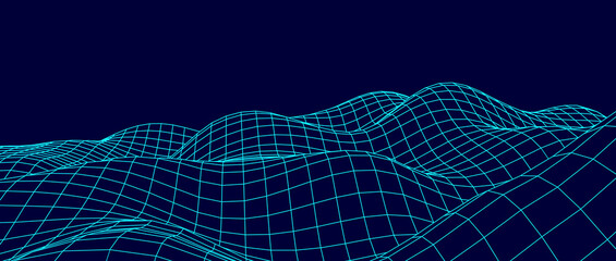 Digital wavy wireframe landscape. Futuristic linear undulating terrain. Digital cyberspace in mountains with valleys. Vector illustration.