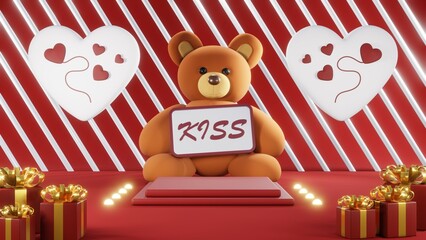 3D rendering of backdrop for displaying products for Valentine's Day red scene podium