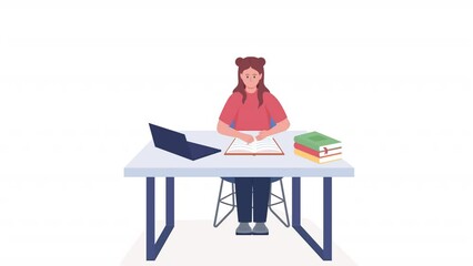 Animated schoolgirl doing homework. Laptop in classroom. Full body flat person on white background with alpha channel transparency. Colorful cartoon style HD video footage of character for animation