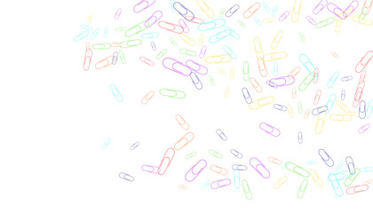 Paper clips are scattered on a white background. Decorative element. Background for design, school and office supplies