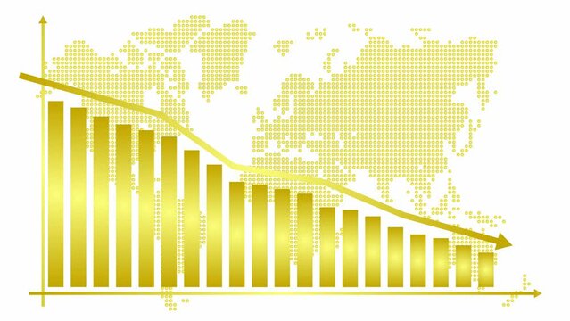Animated chart of financial decline with a trend line chart. Recession global economic. Economic crisis, recession, decrease graph. Golden world map with bar chart. Profit down. Looped video. Vector i