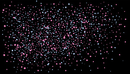 Confetti with blue and pink glitter on a black background. Shiny particles are scattered. Decorative element. Luxury background for your design, postcards, invitations, vector