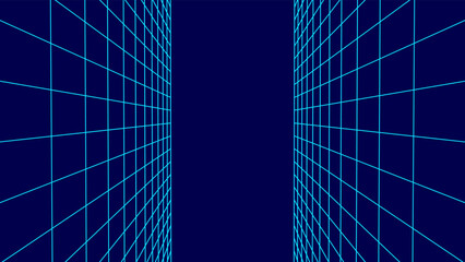 Vector double perspective grid on blue background. Digital cyberspace. Network connection structure. Abstract mesh background.