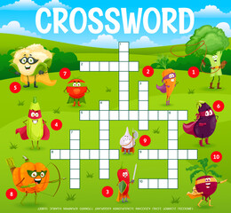 Crossword grid, cartoon vegetable superhero characters, vector quiz game for kids. Cauliflower and tomato guardians, pumpkin and carrot with eggplant superheroes to guess word on worksheet