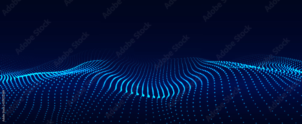 Poster dynamic blue particle wave. futuristic point glowing wave. flow digital structure. data technology b
