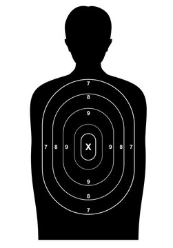 Human shot target, gun bullet silhouette man, vector shooting range practice. Police sniper body paper background for aim and shot holes, human target silhouette for weapon shoot board