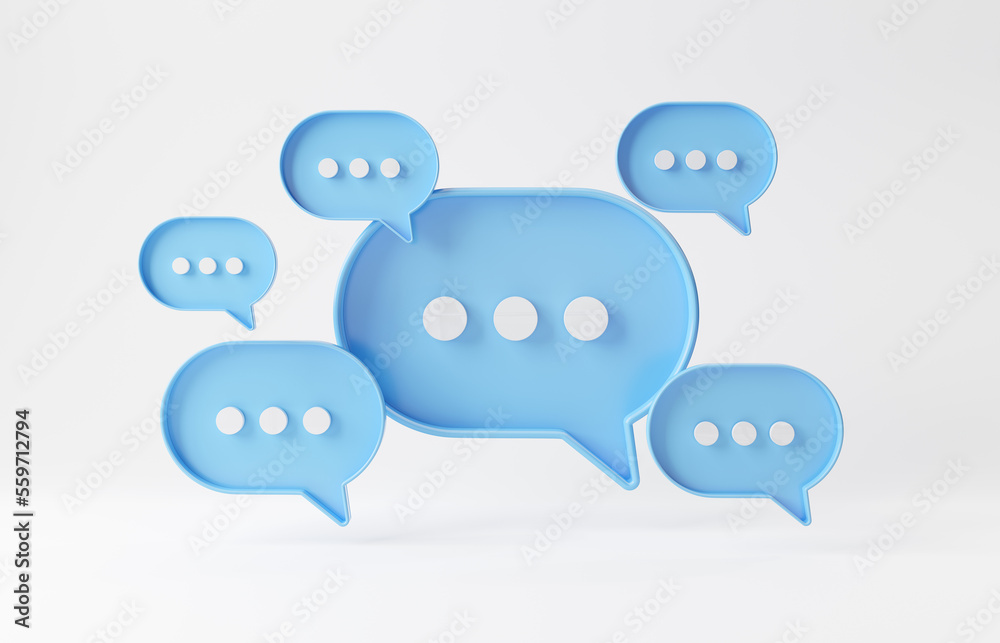 Wall mural minimalist blue speech bubbles talk icons floating over white background. modern conversation or soc