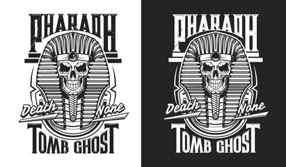 Pharaoh skull t-shirt print. Apparel, clothing and tshirt custom design print vector template with egyptian pyramid tomb mummy or ghost, scary skull in pharaoh sarcophagus and vintage typography - obrazy, fototapety, plakaty