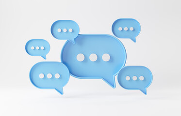 Minimalist blue speech bubbles talk icons floating over white background. Modern conversation or social media messages with shadow. 3D rendering