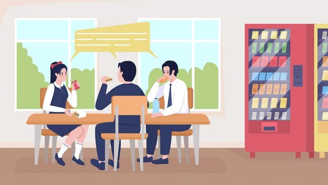 Animated school lunch period. Sharing meal time with friends. Lunchbreak. Looped flat color 2D cartoon characters animation with school environment on background. HD video with alpha channel
