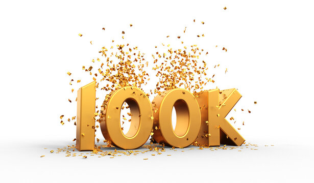100K thank you illustration with golden text and confettis - transparent background