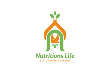 nutrition life logo design template. isolated on white square background. the concept use combination of tubers food, leaf and lettern n.