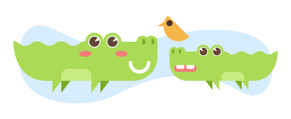 Illustration pour enfants de deux crocodiles verts et d'un petit oiseau jaune, animaux avec un sourire et de grands yeux, alligators sympathiques, vecteur modifiable, dessin géométrique avec arrondis 
