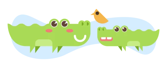 Fotobehang Illustration pour enfants de deux crocodiles verts et d'un petit oiseau jaune, animaux avec un sourire et de grands yeux, alligators sympathiques, vecteur modifiable, dessin géométrique avec arrondis  © ringococo