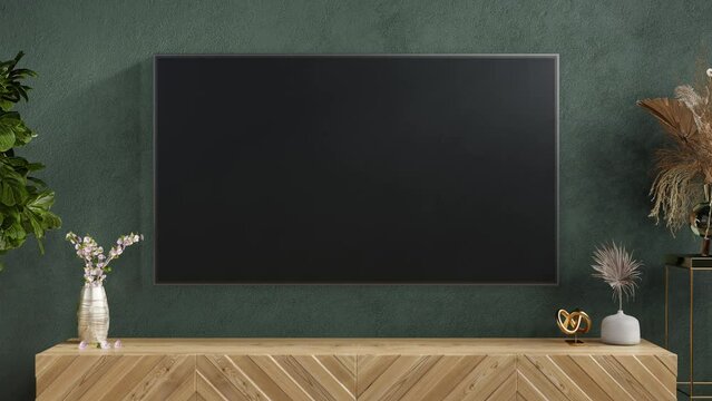 LED TV on the dark green wall in living room,minimal design,Dark green wall.