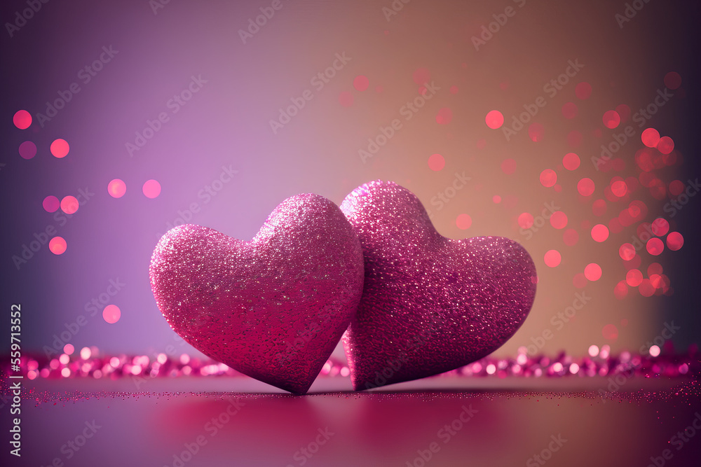 Wall mural Two pink hearts with nice glittery texture details on empty background. Valentine’s day generative Ai imagery with shiny glitter bokeh effect